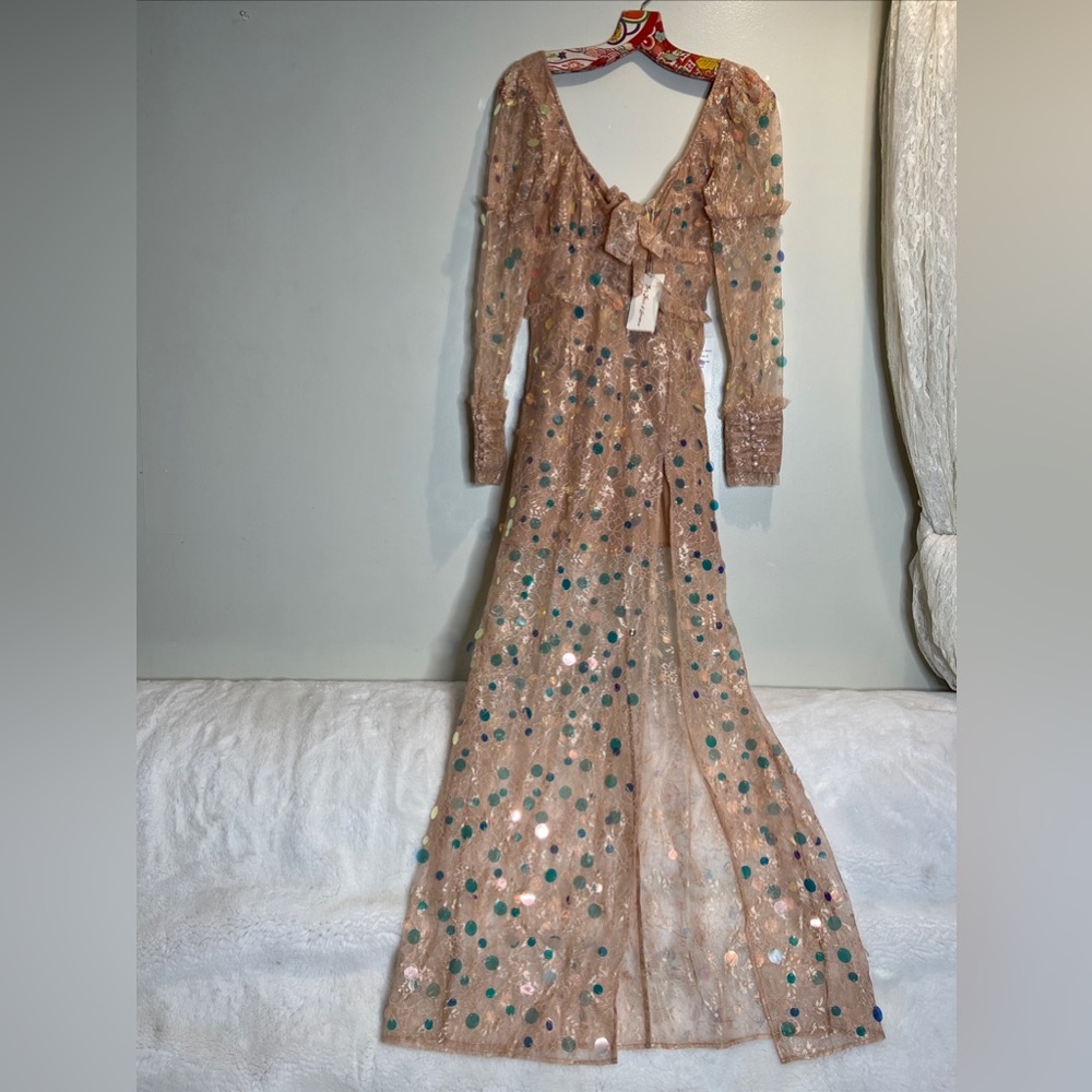 For Love & Lemons Ace Sequin Lace Nude Long Sleeve Slit Maxi Dress Gown - Picture 10 of 11